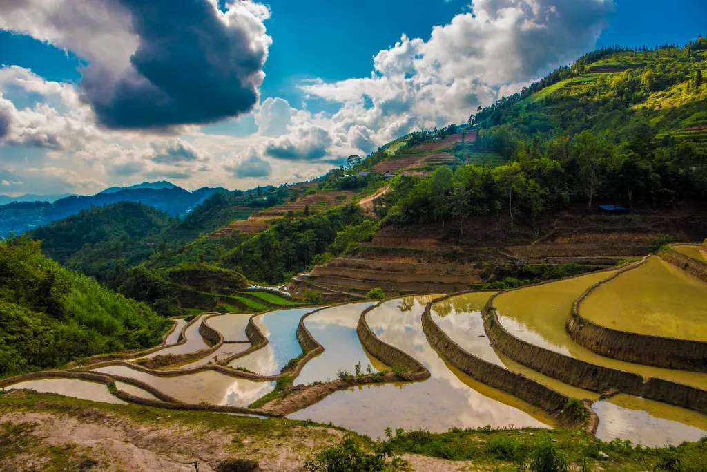 Vào mùa nước đổ, ruộng bậc thang tựa những mặt gương soi bóng mây trời.