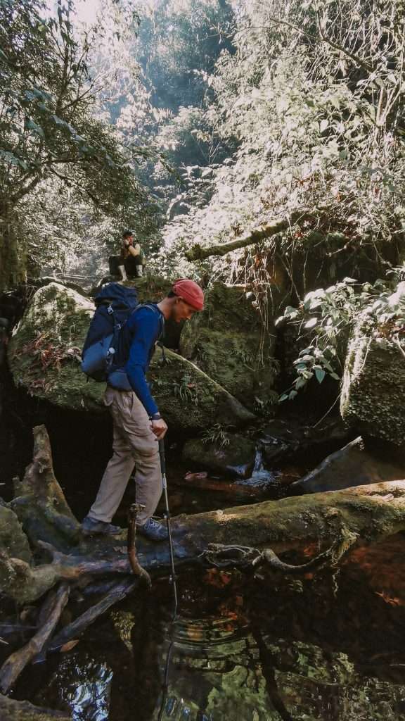 Đi qua thân cây đổ và phiến đá trong lòng suối rêu trơn như đổ mỡ - Trekking Cú Nhìu San